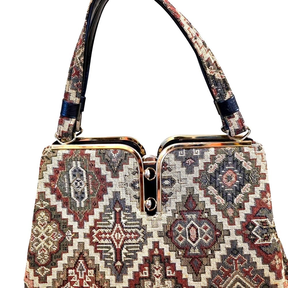 VTG 60s Kadin Tapestry Carpet Bag Purse Double Clasp Kent Zipper Geometric USA